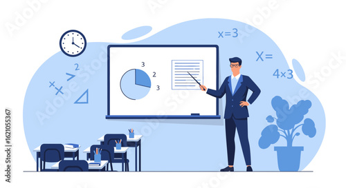 Illustration of a male teacher giving a math lesson in a classroom setting for education concept