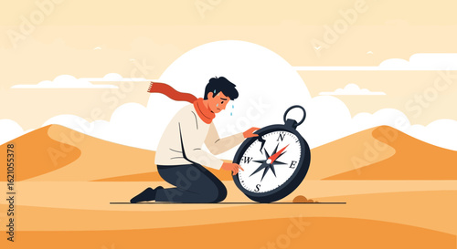Illustration of a Lost Man with Broken Compass in Desert Feeling Desperate and Frustrated by the Heat