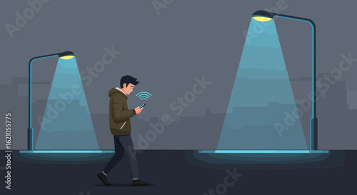 Illustration of a man walking at night while using a smartphone under streetlights