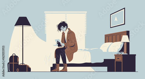 Illustration of a melancholic traveler looking at a picture in a hotel room