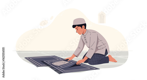 Illustration of a muslim man preparing prayer mat for worship in mosque scene