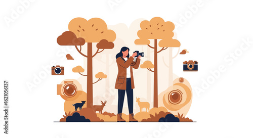 Illustration of a nature photographer in a stylized autumn forest environment with animals