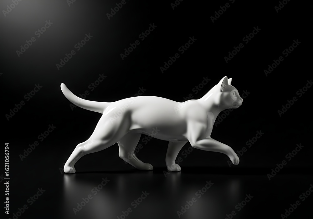 Fototapeta premium Elegant white ceramic cat sculpture walking gracefully on black background minimalist feline statue with smooth glossy surface side view of art piece 