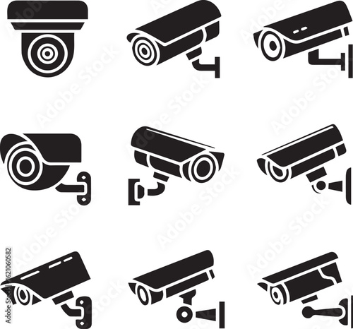 A collection of nine black silhouette icons depicting various security and surveillance cameras including dome and bullet types