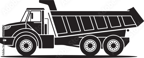 Bold black silhouette of a heavyduty dump truck in a graphic side profile view