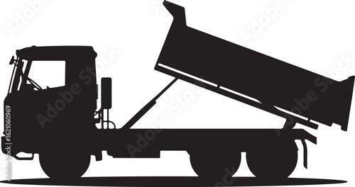 Black silhouette of a heavyduty dump truck with its tipper bed raised for unloading