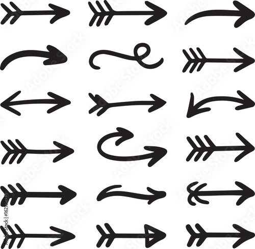 Handdrawn black arrow icons set Doodle sketch style pointers curved straight and fletched designs