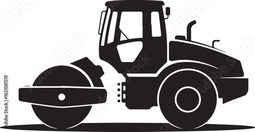 Monochrome silhouette of a singledrum road roller compactor Heavy construction machinery vector icon