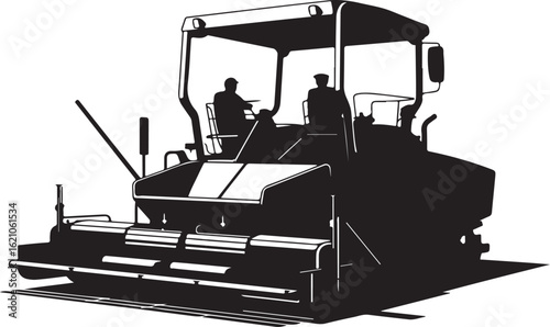 Monochrome vector silhouette of an asphalt paver machine with two operators