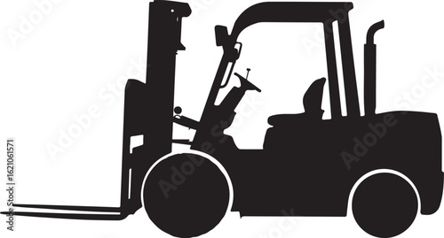 Side profile silhouette of a black industrial forklift truck with lowered forks and mast