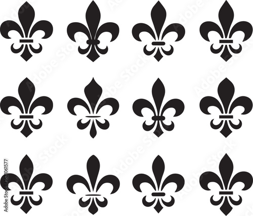 Set of twelve black Fleurdelis symbols a classic French heraldic lily emblem