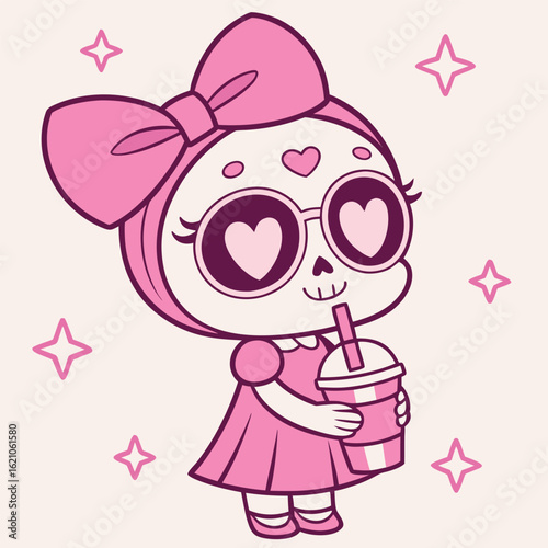Cute pink skeleton girl holds boba drink wearing heart glasses and bow with stars