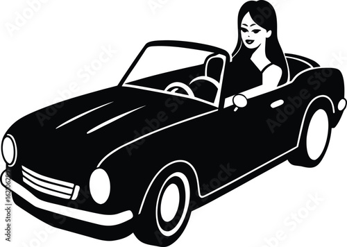 Young stylish woman enjoying test drive in open top convertible car Vector silhouette
