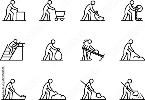 Set of 12 vintage line art icons depicting various manual labor and household chores