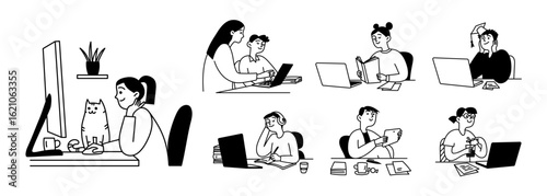 Doodle set of people, boy and girl, schoolchildren. Online education. Gadget, widget, technology. Vector isolated illustration