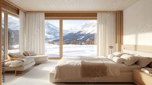 Luxurious bedroom interior with panoramic mountain view and modern minimalist design photo