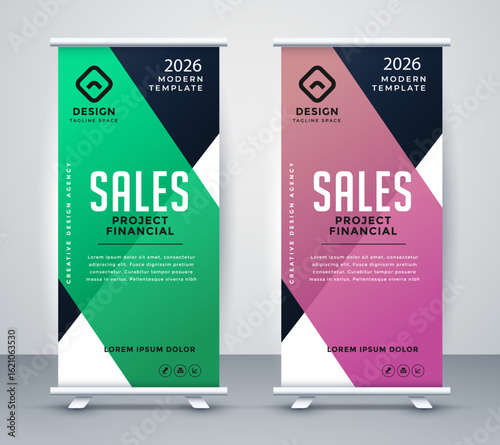 Photo of two rollup banner stands with colorful designs for advertising and promotion