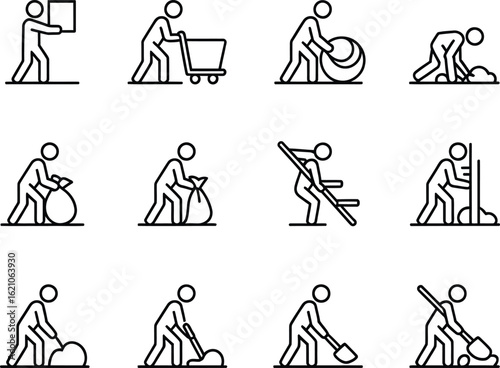 Collection of line art icons depicting various manual labor and household chores