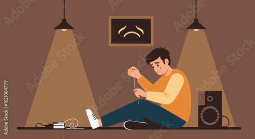 Sad man sitting in the dark with broken headphones feeling loneliness and despair