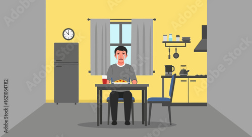 Sad man sitting alone at kitchen table, crying while having a meal, feeling lonely and depressed illustration