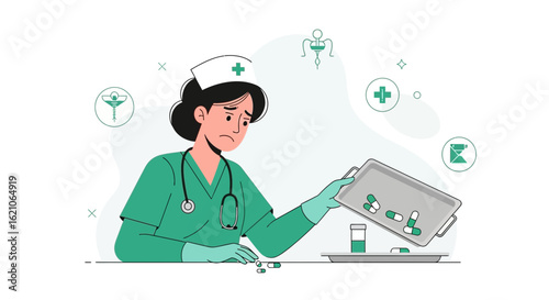 Sad nurse with medications depicting healthcare challenges and work overload