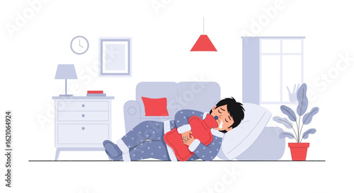 Sad Man With Pain Using Hot Water Bag On Tummy Lying On Couch