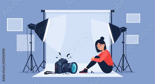 Sad Photographer With Broken Camera Equipment In Professional Photography Studio