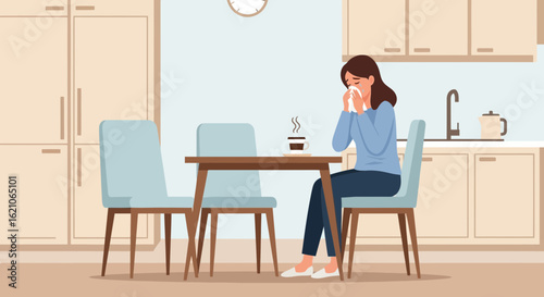 Sad Woman Sitting In The Kitchen Having The Flu Or Allergy Symptoms