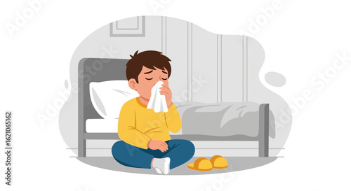 Sad Young Boy Suffering From Cold Or Allergy In Bedroom Illustration