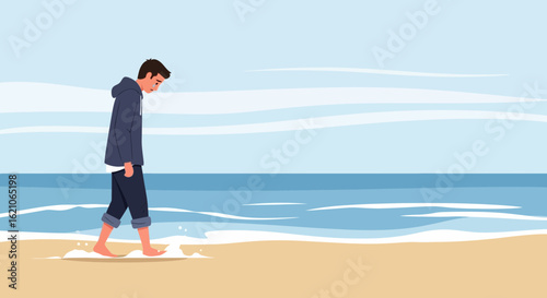 Sad young man walking alone on beach to reflect on mental health issues, vector illustration depicting depression and solitude