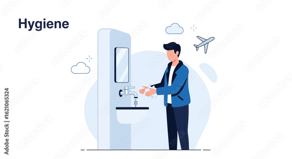 Fototapeta premium Sanitary Measures For Travelers By Washing Hands Before Boarding Airplane