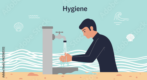 Person Washing Hands At Beach Faucet In Summer Minimalist Illustration