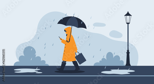Person Walks In The Rain, Using Smartphone On A Rainy Day Season