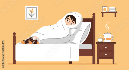 Person Wrapped Comfortably In Bed With A Hot Drink And Cozy Socks