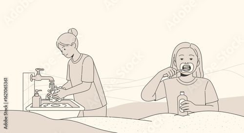Morning Routine With Hand Washing And Teeth Brushing Hygiene Together