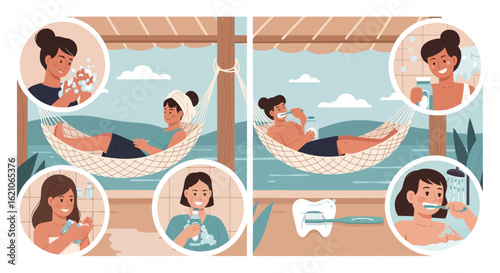 Morning Routine Serenity Personal Hygiene and Wellness in a Relaxing Tropical Setting