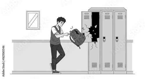 School Vandalism And A Troubled Student In Black And White Illustration
