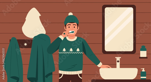 Morning Routine Young Man Brushing Teeth In Cozy Cabin Bathroom Illustration