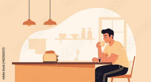 Morning serenity: A man enjoys a peaceful moment with coffee in his kitchen
