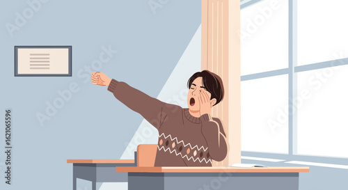 Morning Routine Young Man Stretches Yawning In Front Of The Windows Cartoon Flat Vector
