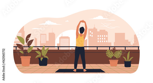Morning Stretch On A Rooftop With A View Of The City Skyline