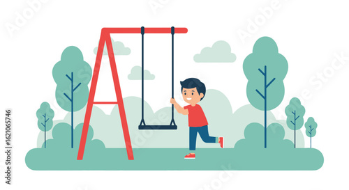 Playful Illustration of a Boy on a Swing Set in a Vibrant Park Setting