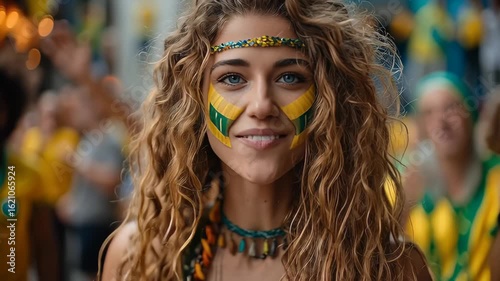 Laughing young Brazilian woman wearing headband with flag paint during street carnival, festive and energetic celebration of Brazilian culture and freedom, 4K, motion.