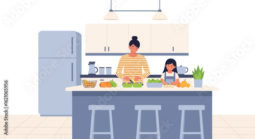 Mother And Daughter Prepare A Healthy Meal Together In A Bright Kitchen