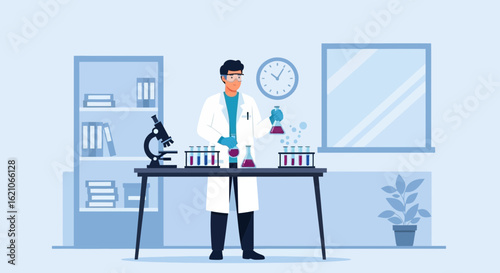 Scientist Doing Experiment In Laboratory With Microscope And Chemical Equipment