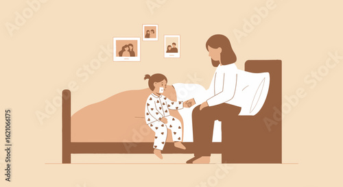 Mother Comforting Daughter Wearing Face Mask During Illness At Home Bedtime