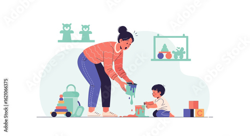 Motherhood Moments Chaos Unfolding As Child Creates Painting Mess Together At Home