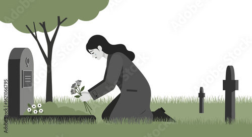 Mourning Woman At Cemetery With Flowers Offers Respect To The Grave