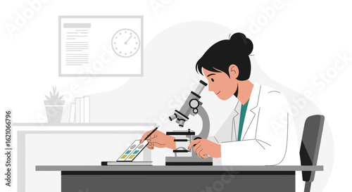 Scientist Woman Conducts Research In A Laboratory With A Microscope And Tablet