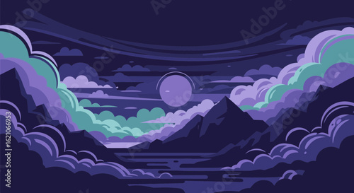 Mystical Mountain Landscape At Night With Moon And Cloudy Sky Illustration